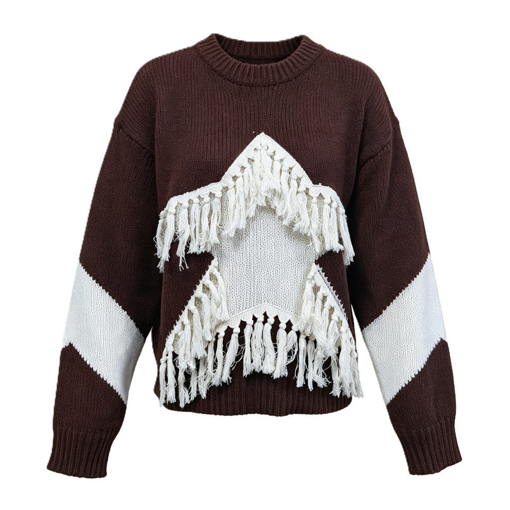 Fringed Star Knit Sweater with Contrast Sleeves - Brown - 1