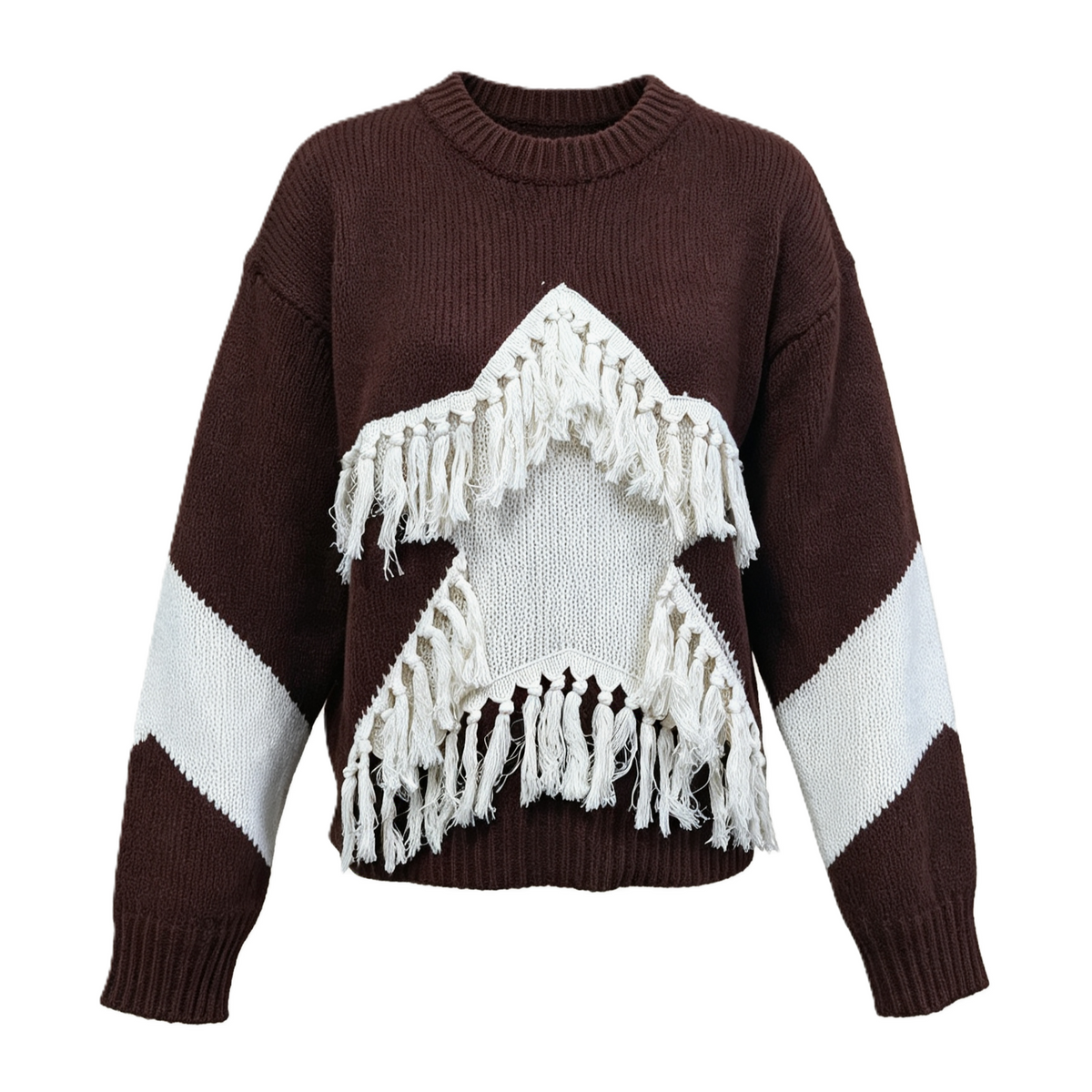 Fringed Star Knit Sweater with Contrast Sleeves - Brown - 1
