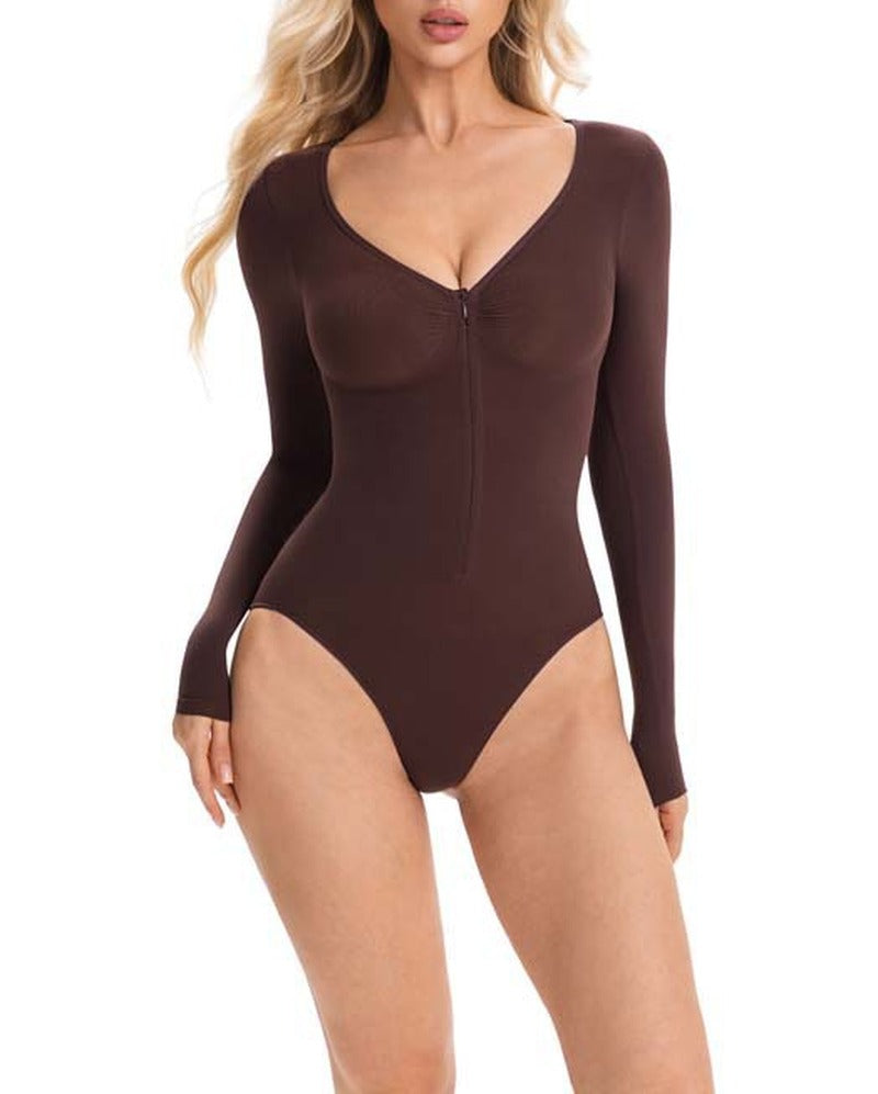 Seamless Long Sleeve Zip Front Sculpting Bodysuit - Coffee