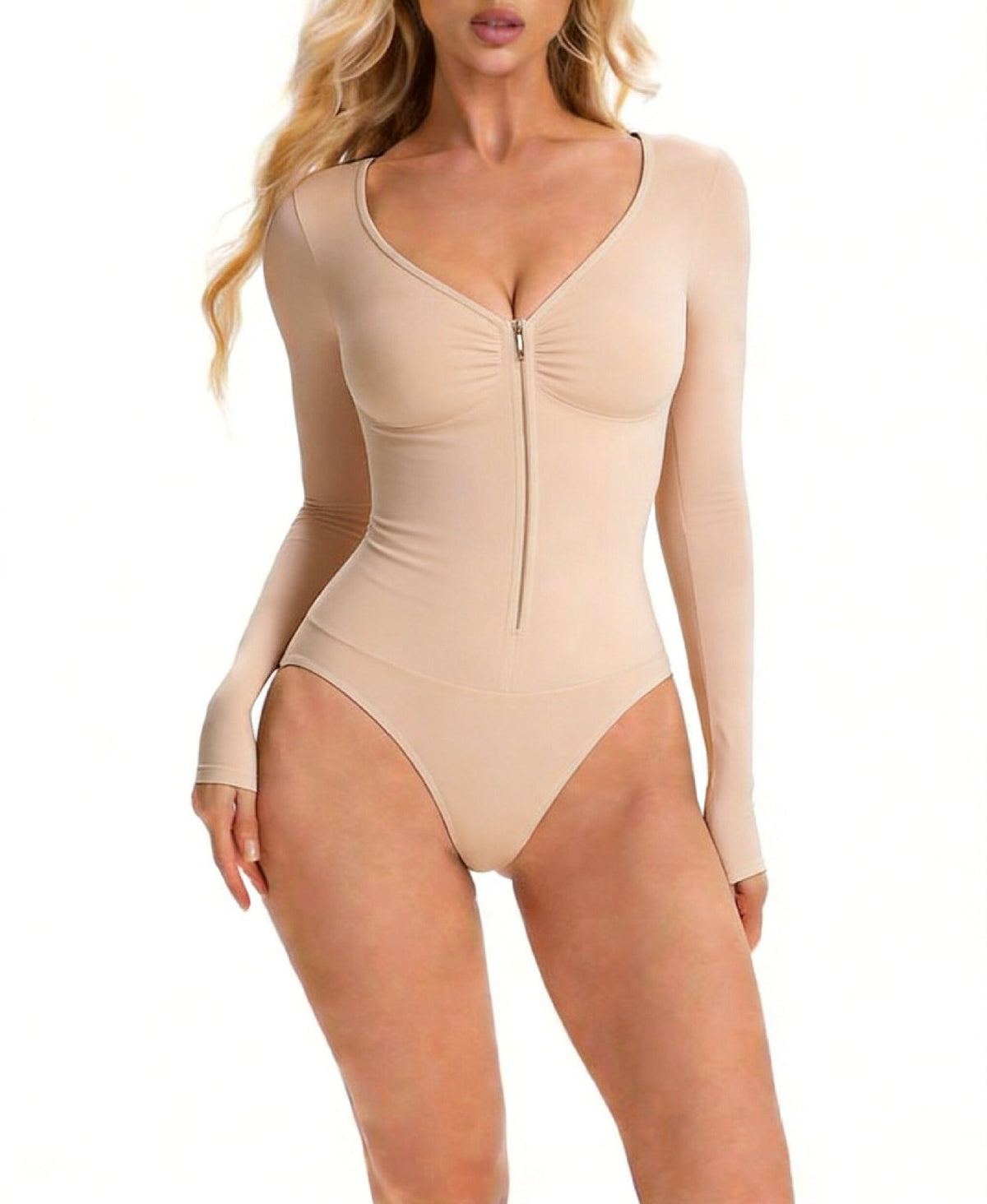 Seamless Long Sleeve Zip Front Sculpting Bodysuit - Nude