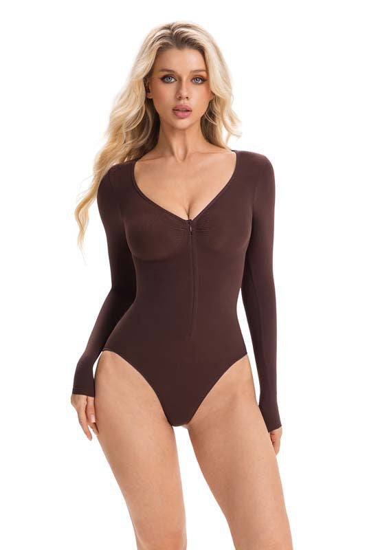 Seamless Long Sleeve Zip Front Sculpting Bodysuit