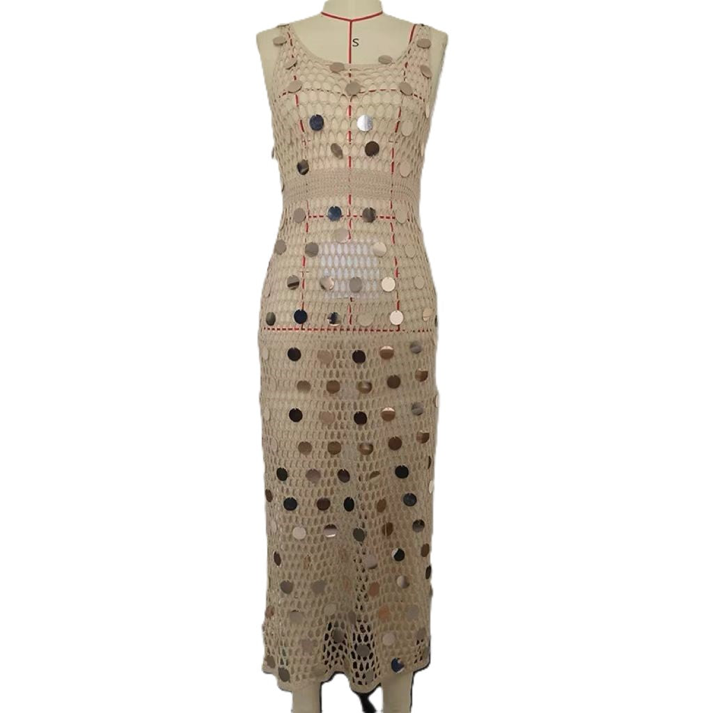 Sequin Crochet Slit Maxi Cover Up Dress - Apricot