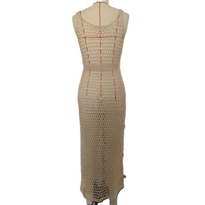 Sequin Crochet Slit Maxi Cover Up Dress - Apricot - 1