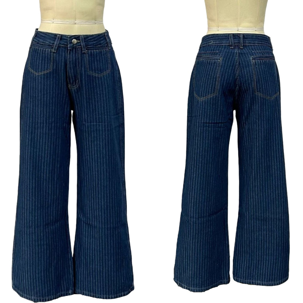 Pinstripe Wide Leg Vintage Wash Jeans - DarkBlue