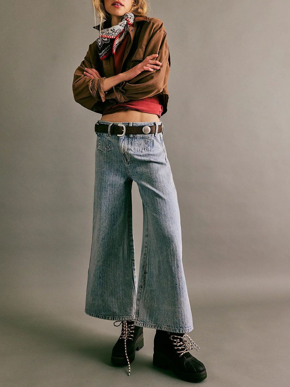 Pinstripe Wide Leg Vintage Wash Jeans - LightBlue