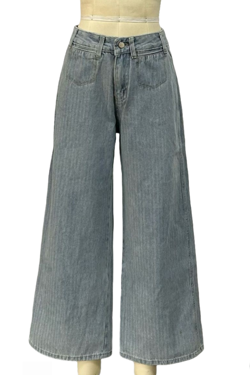 Pinstripe Wide Leg Vintage Wash Jeans - LightBlue - 1