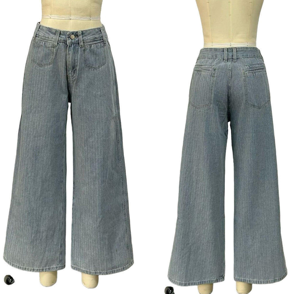 Pinstripe Wide Leg Vintage Wash Jeans - LightBlue - 2