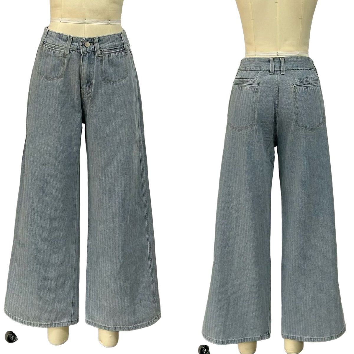 Pinstripe Wide Leg Vintage Wash Jeans - LightBlue - 2