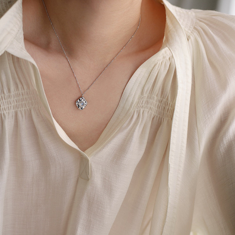 Hammered Square Moonstone Pendant Necklace - Silvery - 3