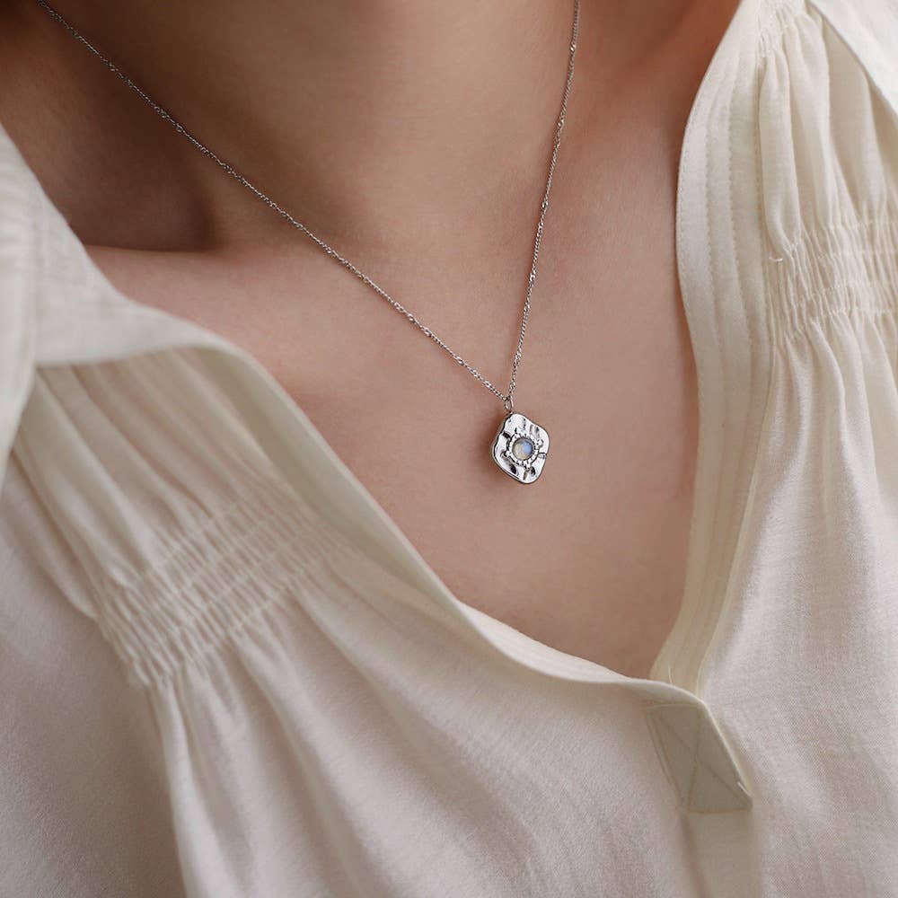 Hammered Square Moonstone Pendant Necklace