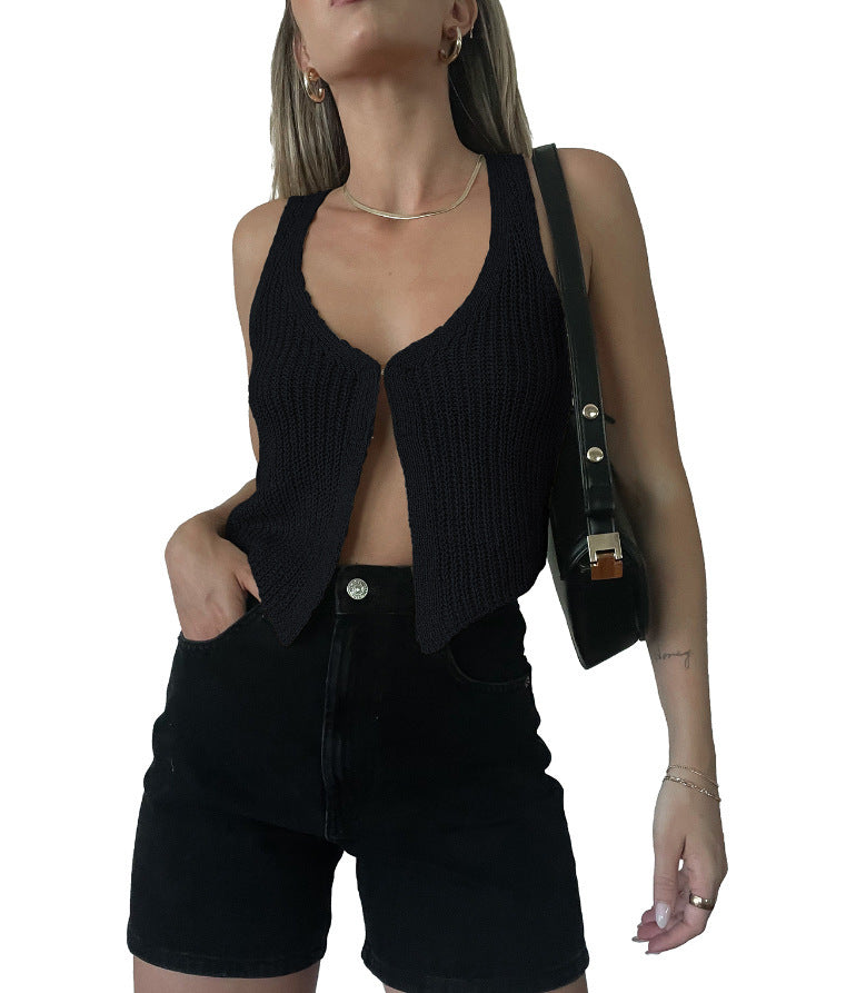 Ribbed Knit Single Button Cropped Vest - Black