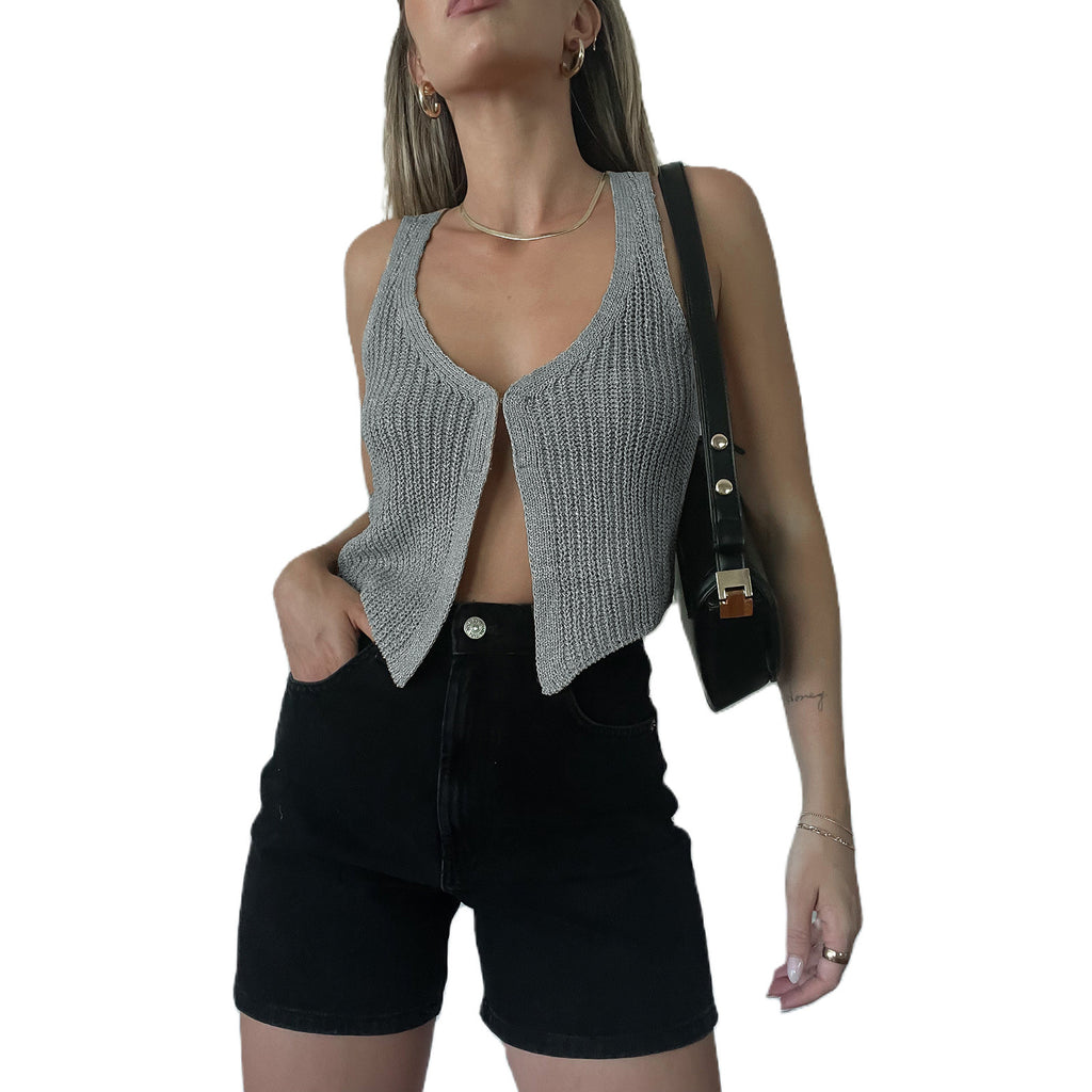 Ribbed Knit Single Button Cropped Vest - Grey