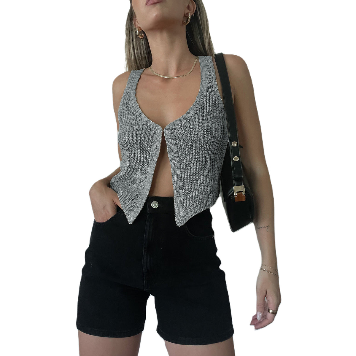 Ribbed Knit Single Button Cropped Vest - Grey