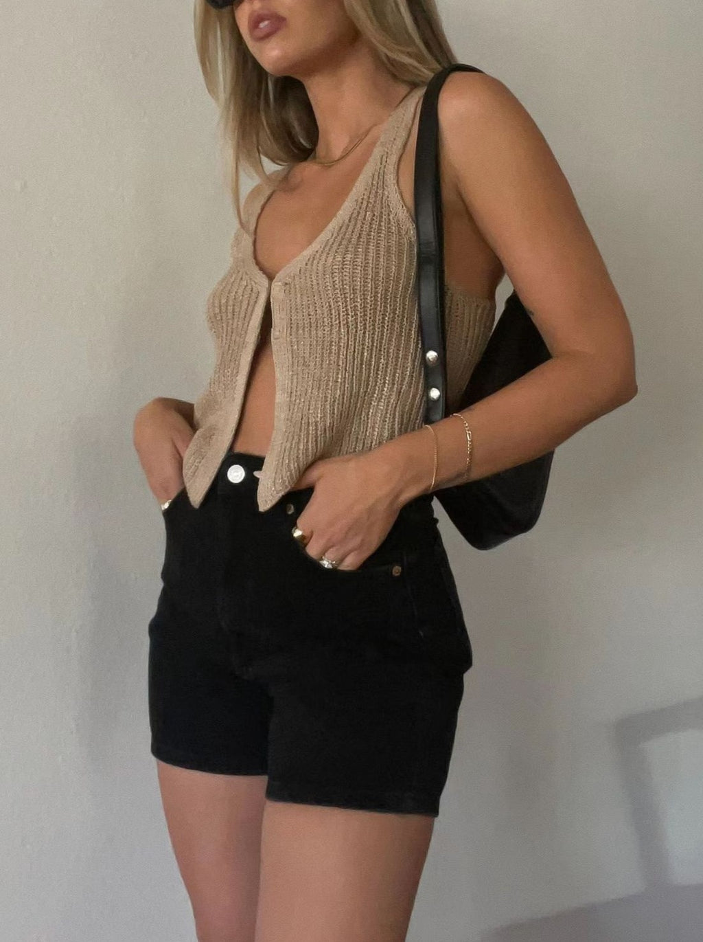 Ribbed Knit Single Button Cropped Vest - Khaki
