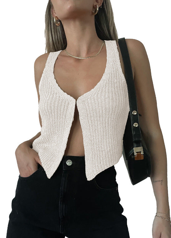Ribbed Knit Single Button Cropped Vest - White