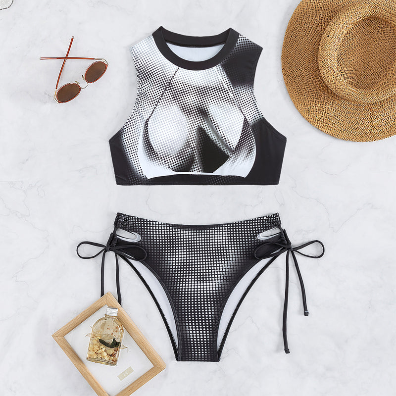 High Neck Sporty Cutout Bikini Set - Black - 2