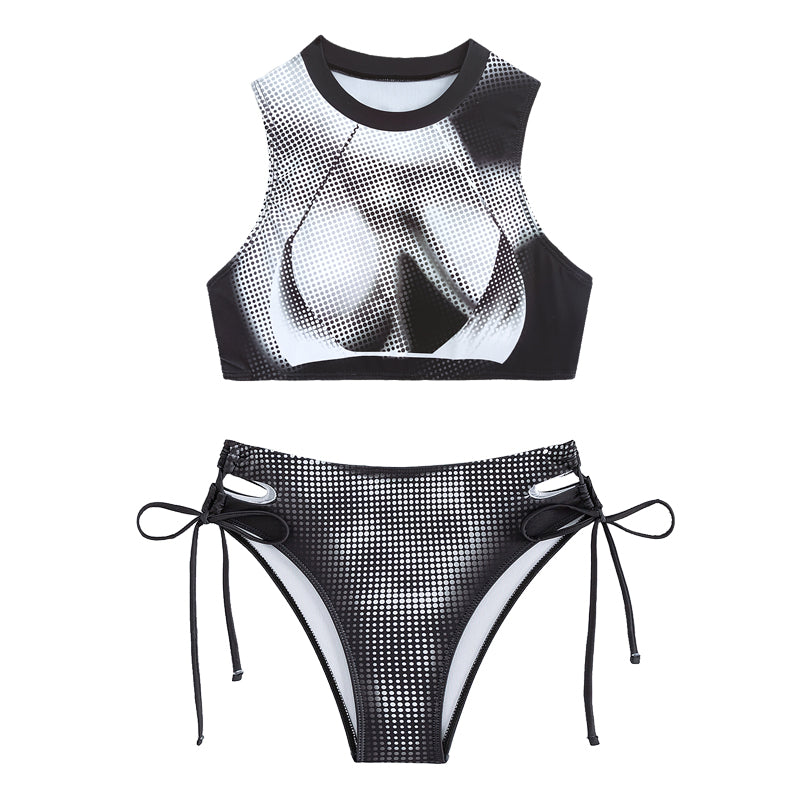 High Neck Sporty Cutout Bikini Set - Black - 3