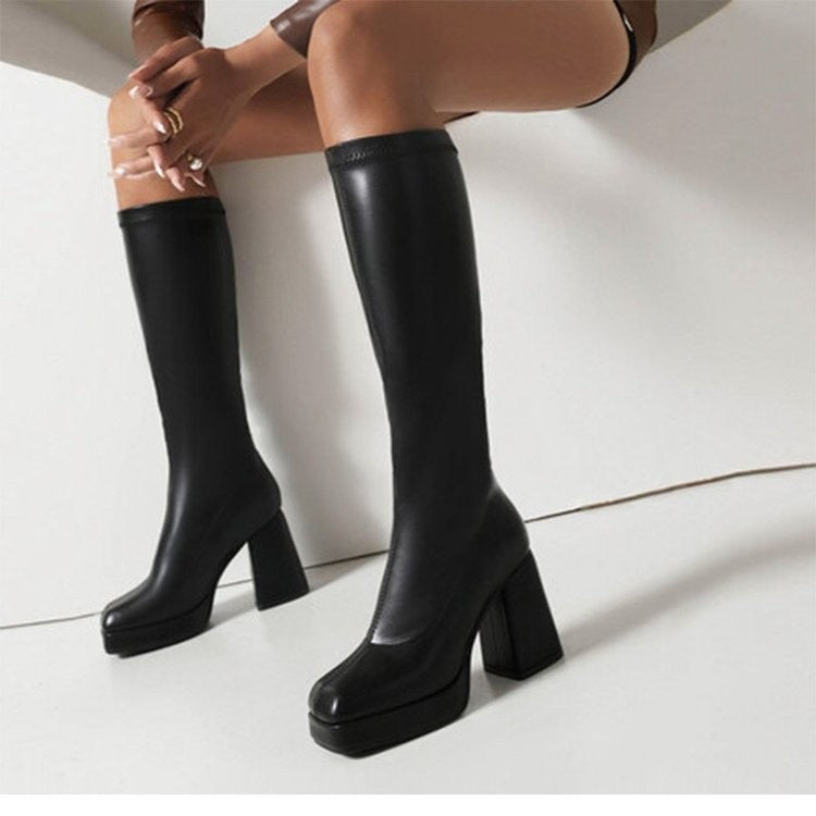 Square Toe Platform Block Heel Knee High Boots - Black