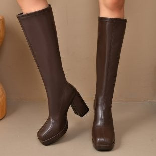 Square Toe Platform Block Heel Knee High Boots - Brown