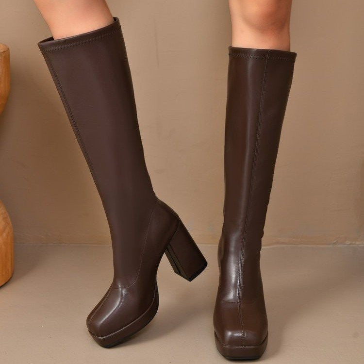 Square Toe Platform Block Heel Knee High Boots