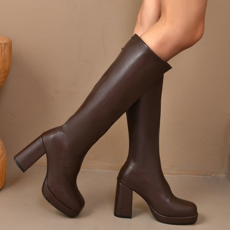 Square Toe Platform Block Heel Knee High Boots