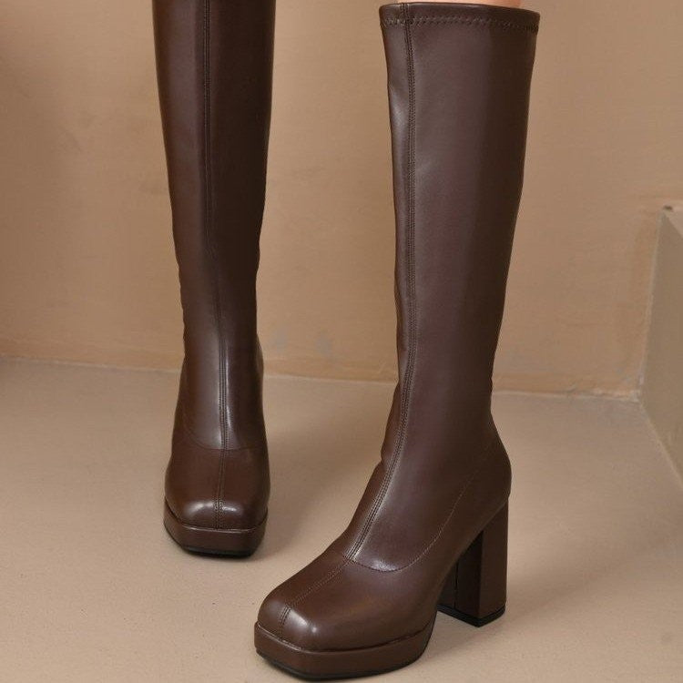 Square Toe Platform Block Heel Knee High Boots