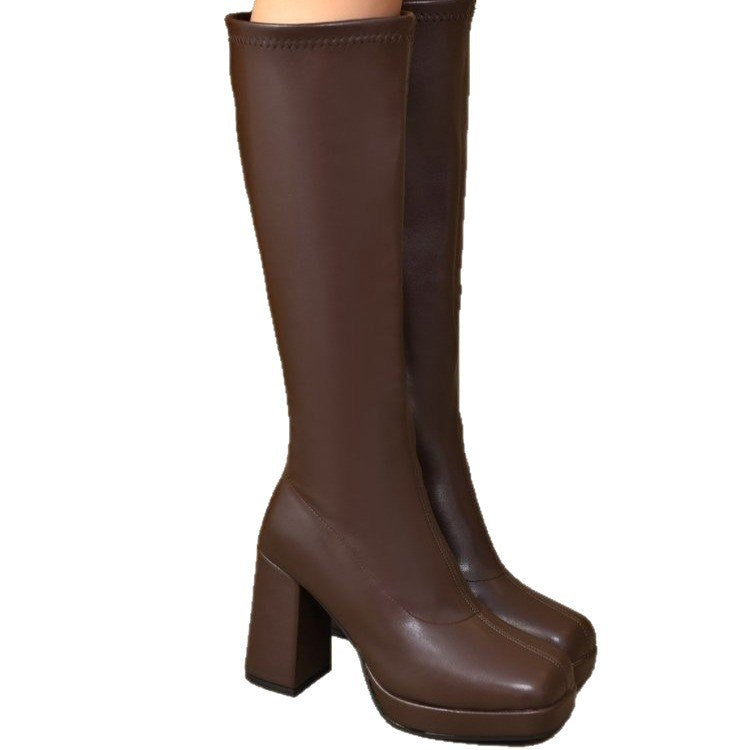 Square Toe Platform Block Heel Knee High Boots