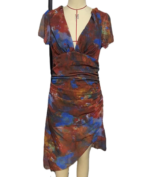 Abstract Print Ruched Mesh Midi Dress - Brown - 1