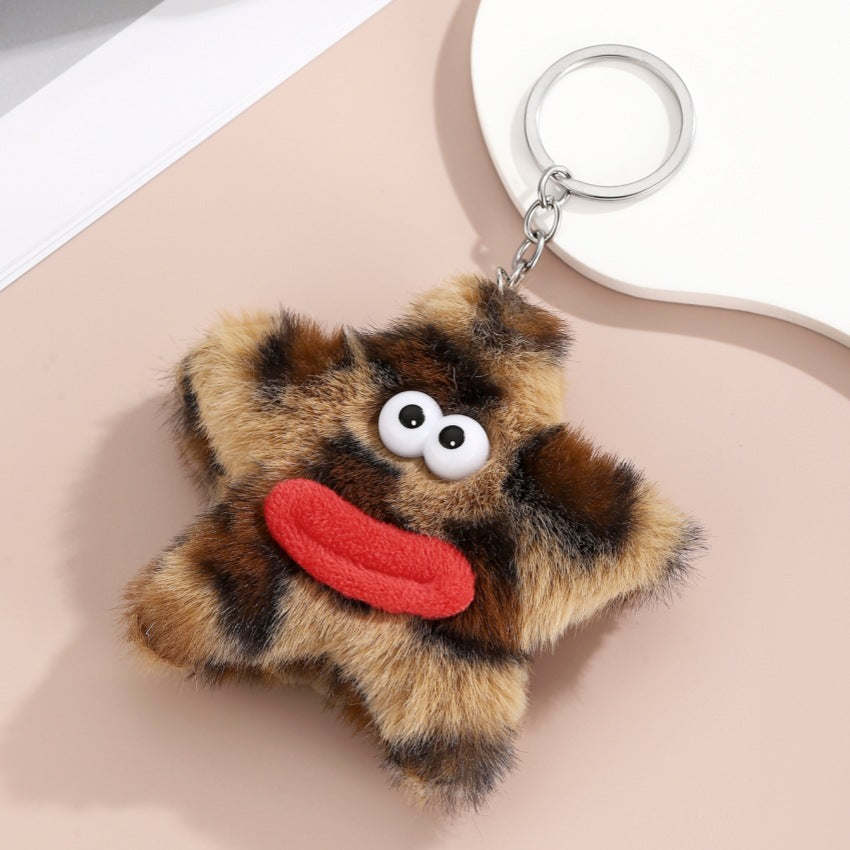 Quirky Fuzzy Star Keychain with Googly Eyes and Lips - Leopard