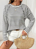 Puff-Stripe Crewneck Long-Sleeve Knit Top - Black