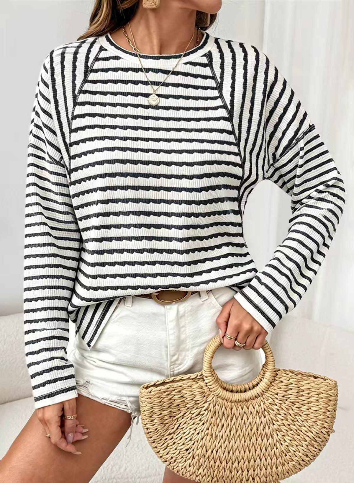 Puff-Stripe Crewneck Long-Sleeve Knit Top - Black