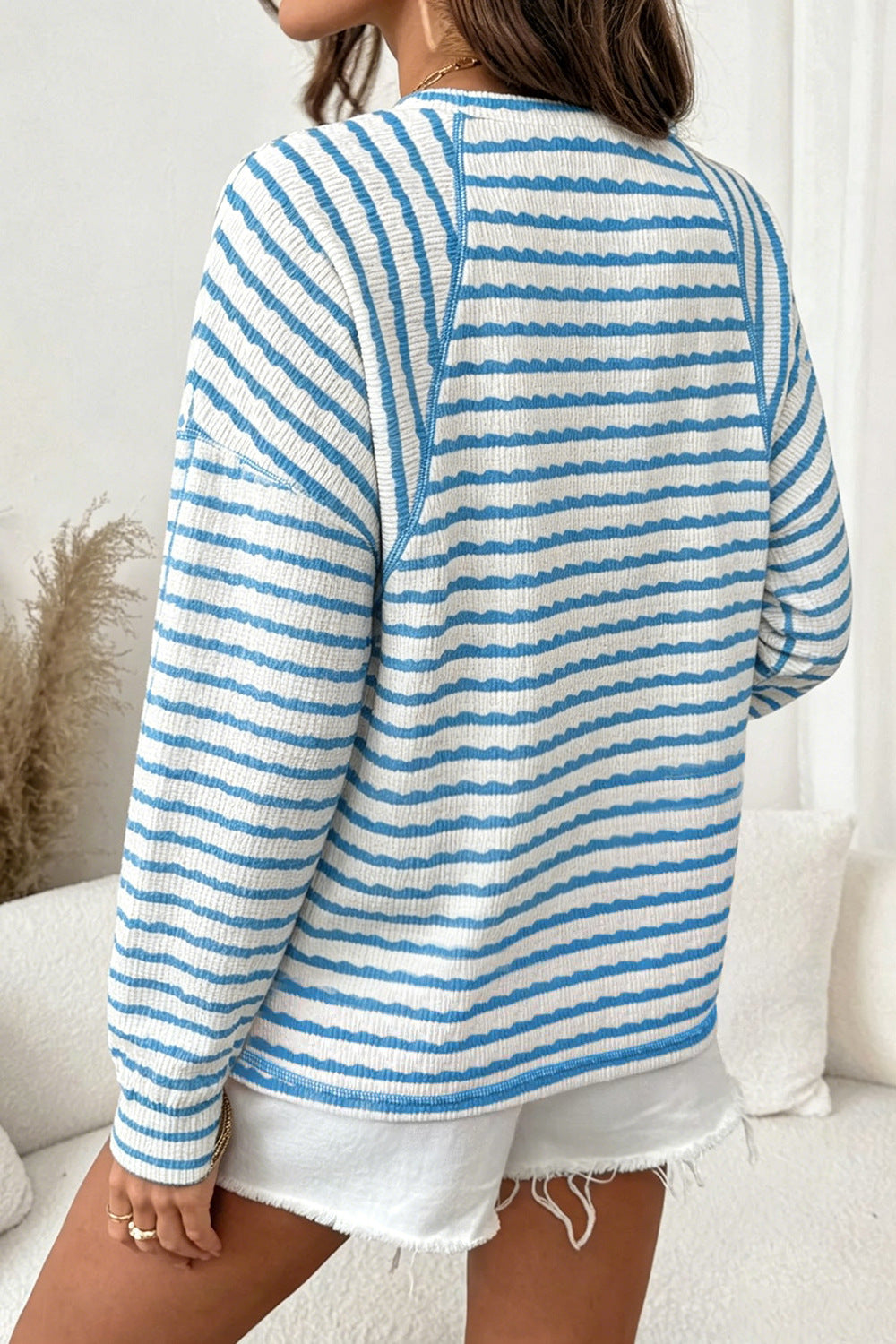 Puff-Stripe Crewneck Long-Sleeve Knit Top - view 2