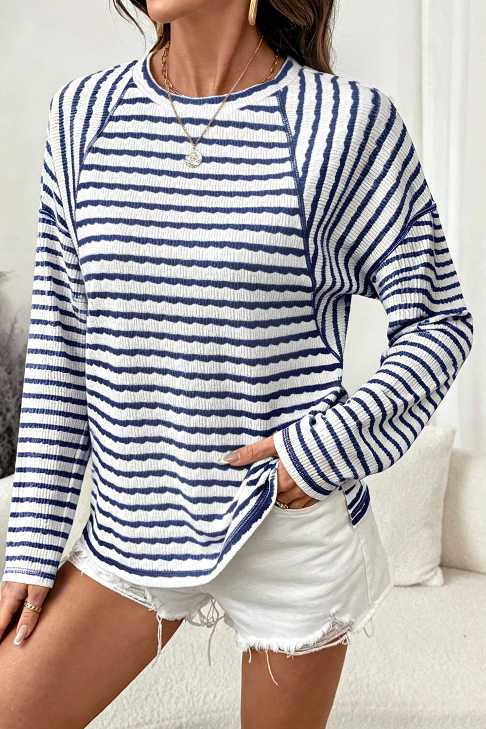 Puff-Stripe Crewneck Long-Sleeve Knit Top - Navyblue