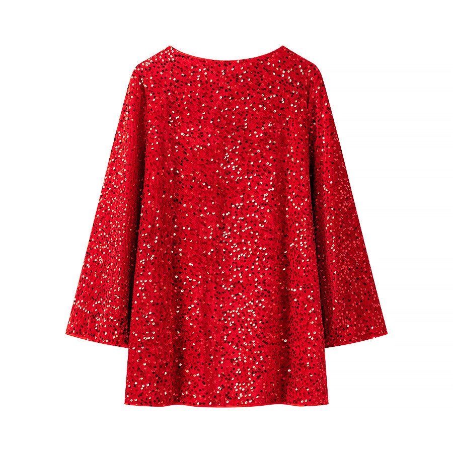 Sequin Shift Dress With Back Bow - Red