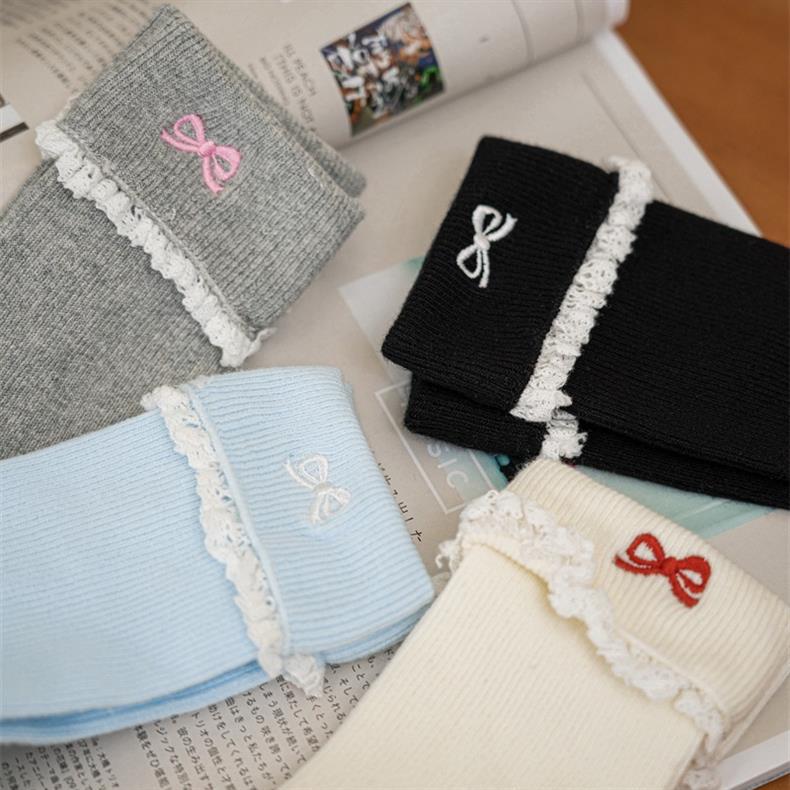 Lace Trim Bow Embroidered Crew Socks - Blue - 3