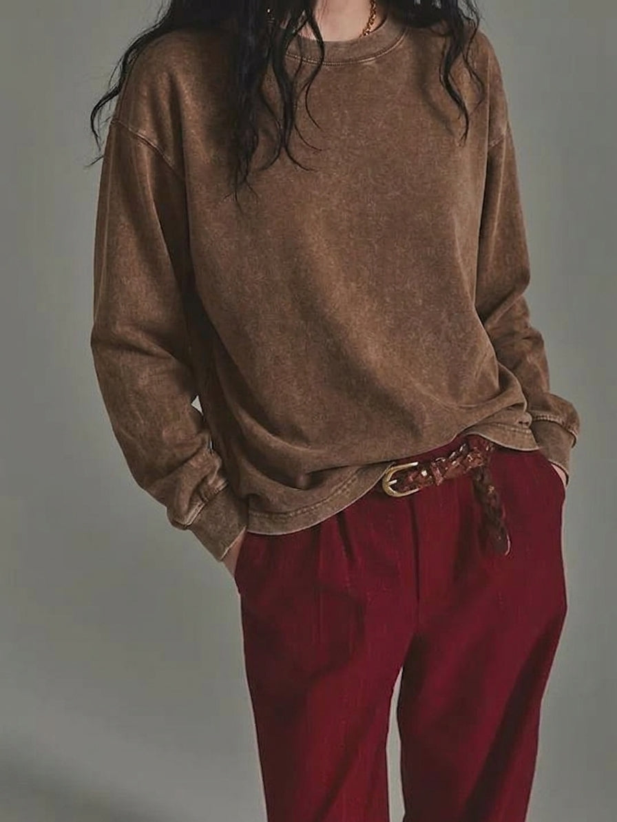 Acid Wash Oversized Long Sleeve Crew Tee - Brown