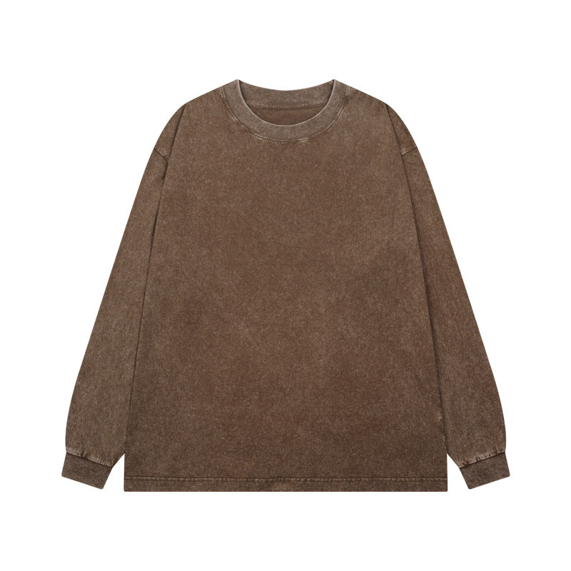 Acid Wash Oversized Long Sleeve Crew Tee - Brown - 1