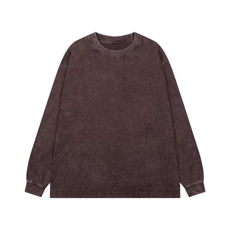 Acid Wash Oversized Long Sleeve Crew Tee - DarkRed