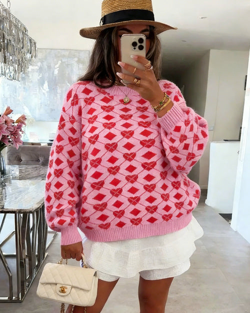 Allover Heart Diamond Knit Pullover - RoseRed