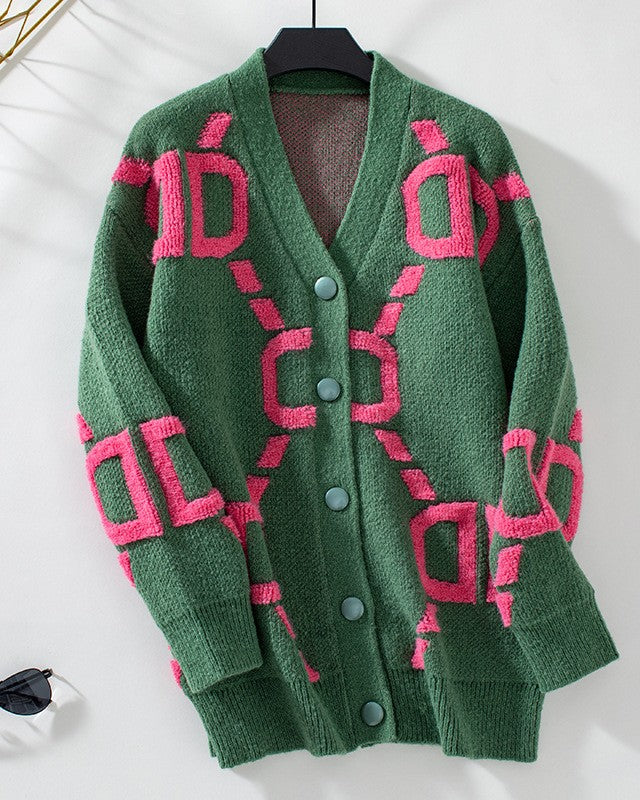Retro Chain Link Jacquard Button Cardigan - Green - 1