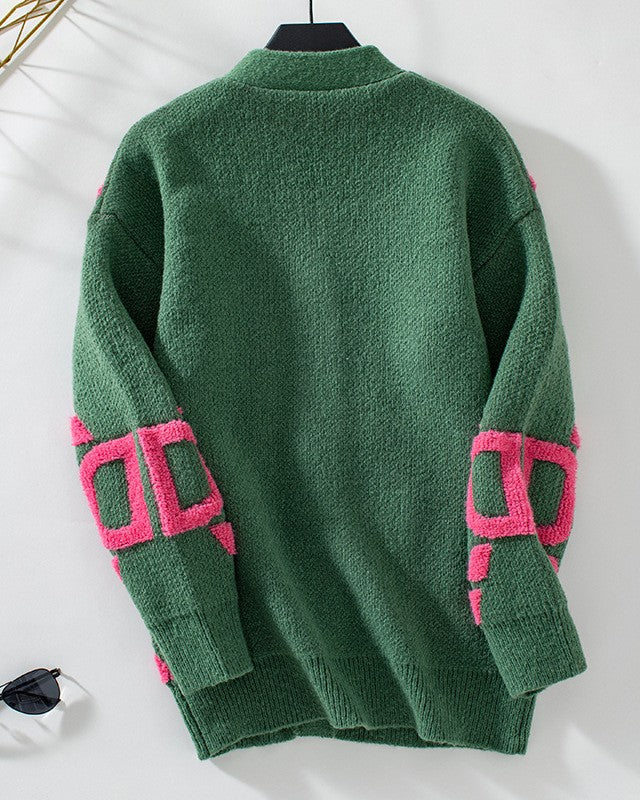 Retro Chain Link Jacquard Button Cardigan - Green - 2
