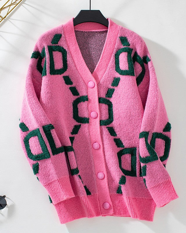Retro Chain Link Jacquard Button Cardigan - Pink