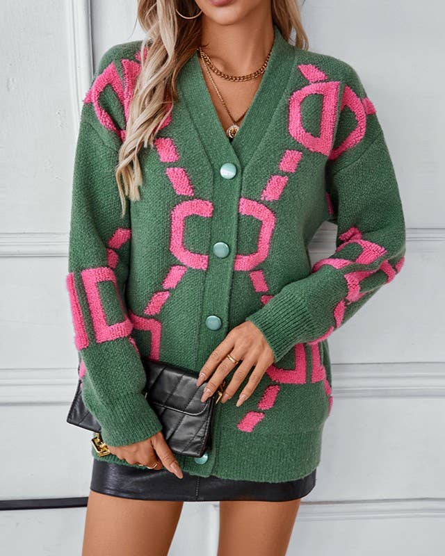 Retro Chain Link Jacquard Button Cardigan