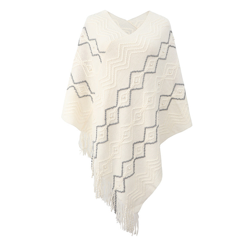 Zigzag Textured Pearl Trim Fringe Poncho - Beige