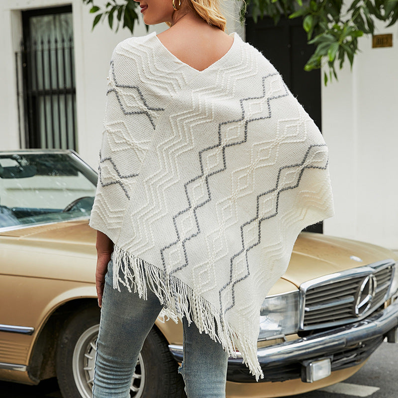 Zigzag Textured Pearl Trim Fringe Poncho - Beige - 1