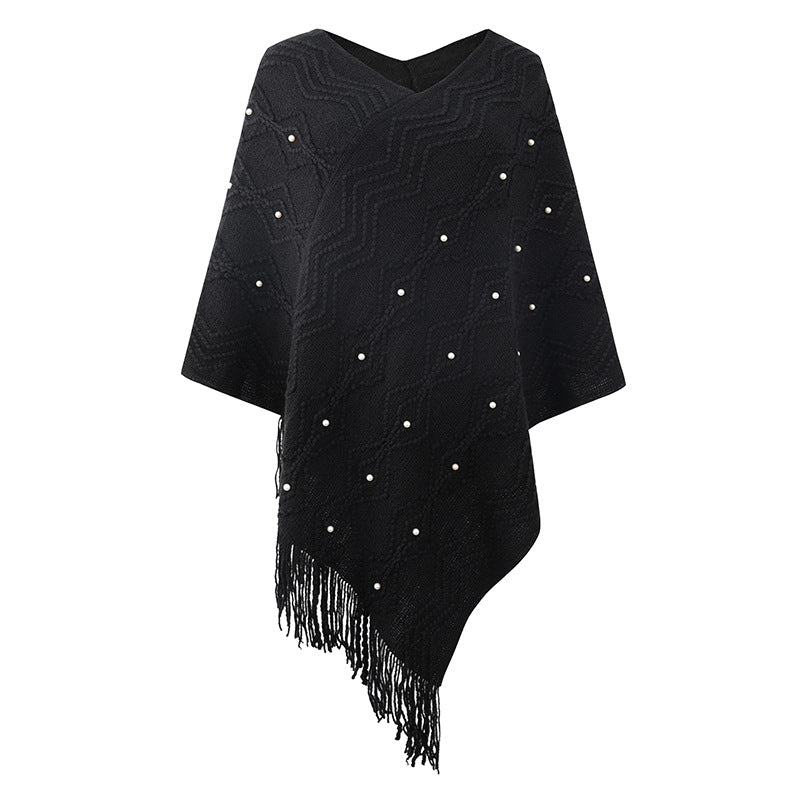 Zigzag Textured Pearl Trim Fringe Poncho - Black