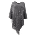 Zigzag Textured Pearl Trim Fringe Poncho - Grey