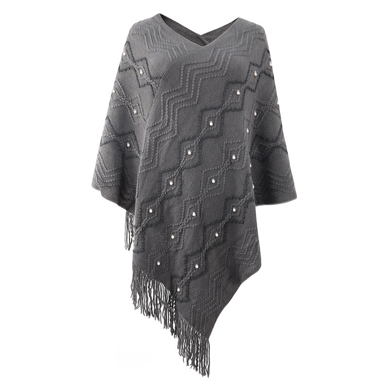 Zigzag Textured Pearl Trim Fringe Poncho - Grey