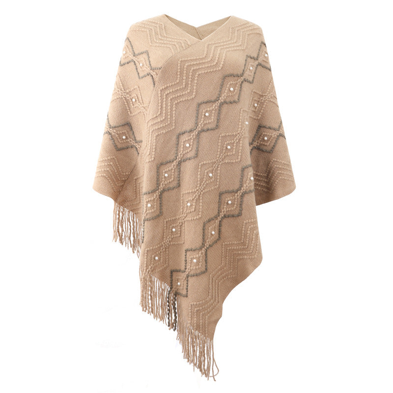 Zigzag Textured Pearl Trim Fringe Poncho - Khaki
