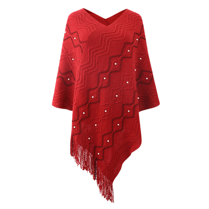 Zigzag Textured Pearl Trim Fringe Poncho - Red